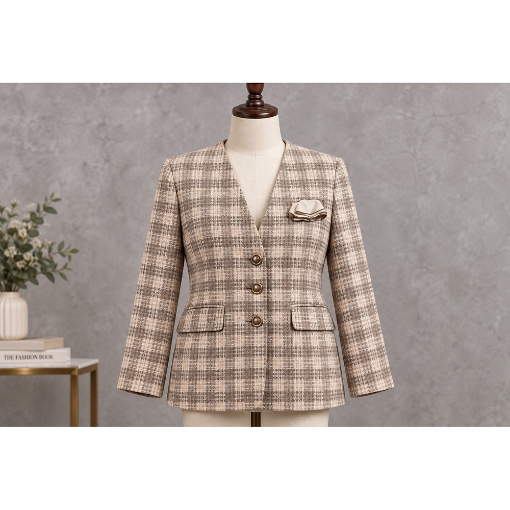 Le Suit Plaid Blazer Women 12 Tan Collarless Button Front Textured Pocket Square